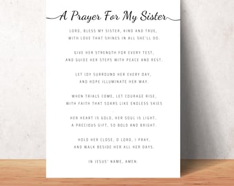 Prayer for My Sister Printable Sister Gift Christian Wall Art Religious Digital Download Gift for Sister Birthday Encouragement Print