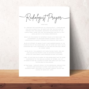 May include: A black and white printable prayer for radiologists. The text reads "Radiologist Prayer" and includes a prayer for guidance, discernment, and healing in the field of radiology.