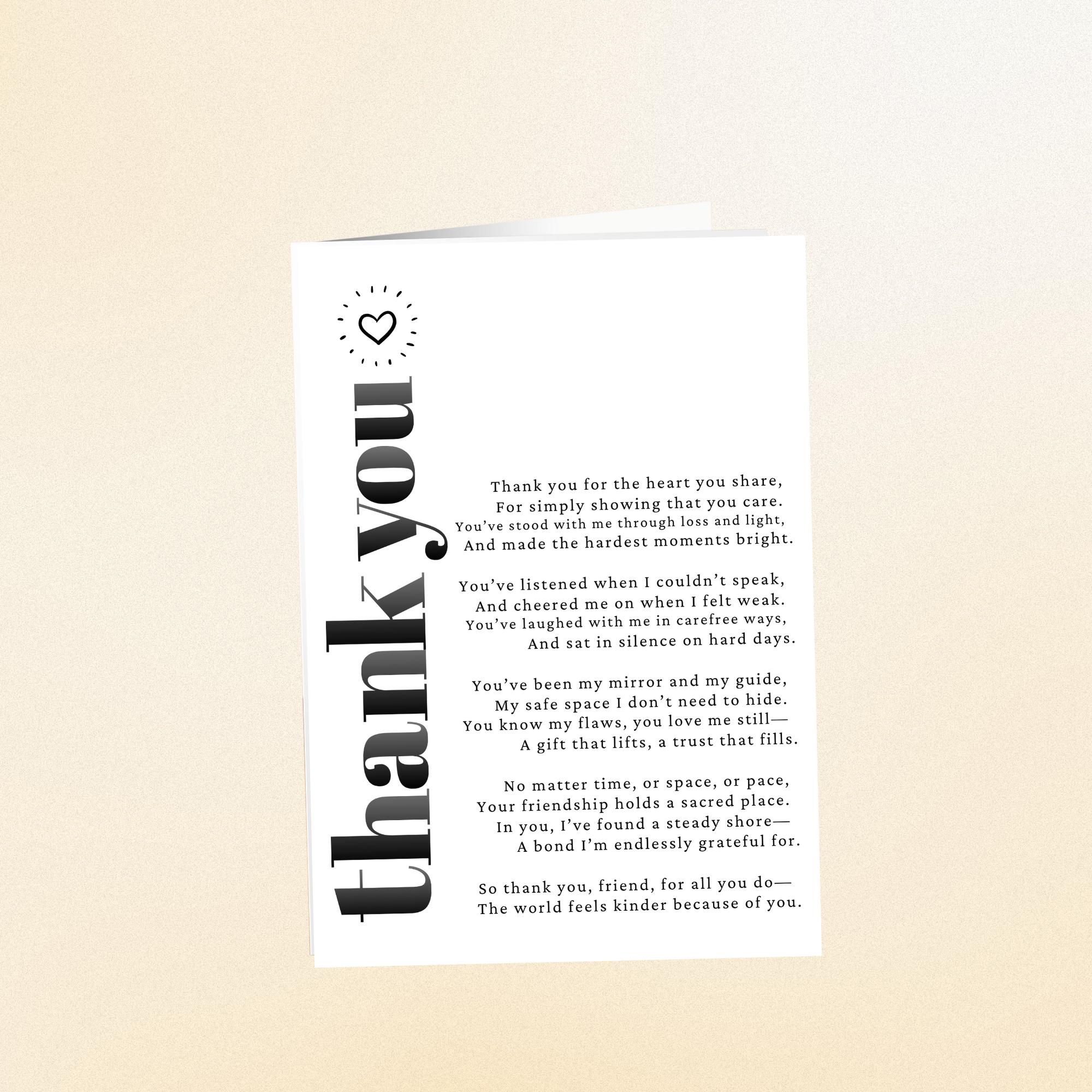 Friendship Thank You Card Printable Poem for Best Friend Gift Thank You ...