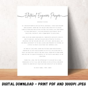 Puede incluir: Una descarga digital imprimible de una oración para ingenieros eléctricos en blanco y negro. La oración está escrita en un estilo formal e incluye una petición de guía, sabiduría y protección. El texto dice "Electrical Engineer Prayer" y "Heavenly Father".