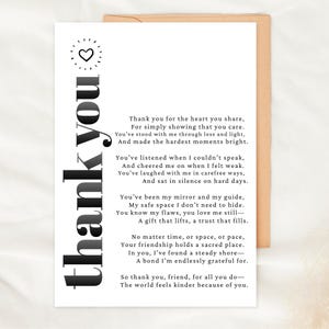 Tarjeta de agradecimiento por la amistad, poema imprimible para regalar a tu mejor amiga, nota de agradecimiento, tarjeta de apoyo y aliento, tarjeta de agradecimiento sincera.