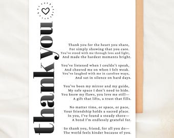 Friendship Thank You Card Printable Poem for Best Friend Gift Thank You Note Encouragement Support Card for Her Grateful Heartfelt Card