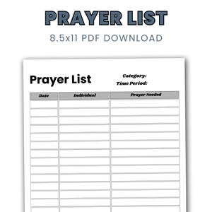 May include: A printable prayer list template with columns for date, individual, and prayer needed. The template is designed for an 8.5 by 11 inch sheet of paper.