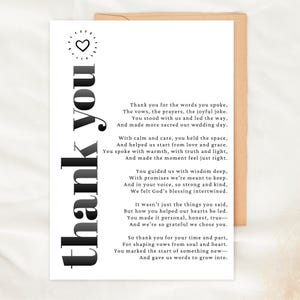 Tarjeta de agradecimiento para oficiante, imprimible, para ceremonia de boda, descarga digital, regalo para ministro oficiante, papelería cristiana para bodas.