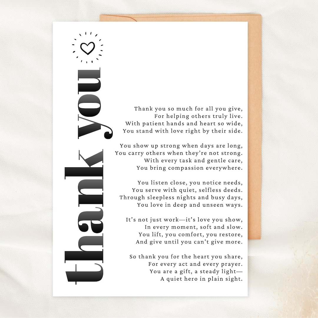 Caregiver Thank You Card Printable Poem Greeting Card Digital Download ...
