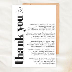 Tarjeta de agradecimiento para cuidadores, poema imprimible, tarjeta de felicitación, descarga digital, regalo plegable para el personal de apoyo sanitario y el personal de apoyo sanitario.
