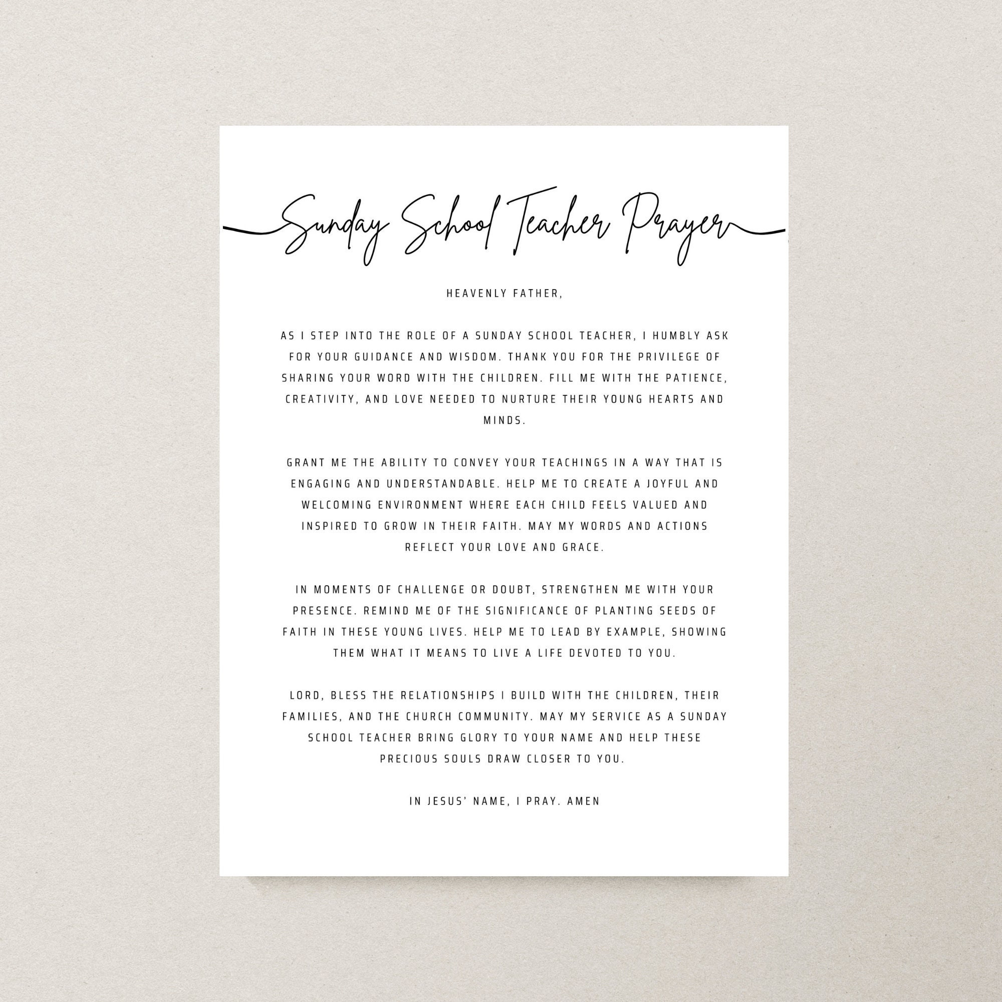 Sunday School Teacher Prayer Wall Art Printable Christian Kids Church ...