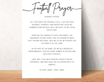 May include: A printable prayer for football players, with a black and white design. The text reads "Football Prayer" and includes a prayer for guidance, strength, and protection on the pitch.