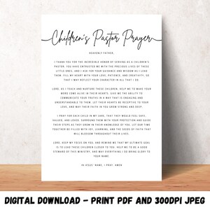 May include: A printable prayer for children's pastors. The prayer is written in black text on a white background. The text reads "Children's Pastor Prayer" and includes a prayer for guidance and wisdom in leading children.