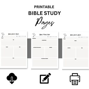 May include: Printable Bible study pages with three different layouts: SOAP, REAP, and Verse Map. The pages are black and white and have a simple design.