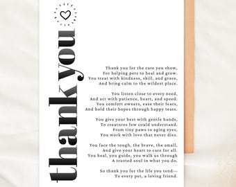 May include: A white card with the words "thank you" in large, bold, black letters. The card has a heart symbol and a poem about caring for pets. The card is inside a brown envelope.