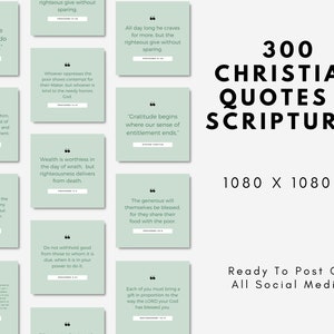Può includere: Un download digitale di 300 citazioni e scritture cristiane in uno schema di colori verde chiaro e bianco. Il testo recita "300 citazioni e scritture cristiane 1080 x 1080 PX Pronto per essere pubblicato su tutti i social media".