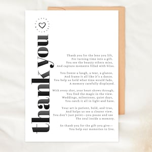 Photographer Thank You Card Printable Poem Gift for Wedding Photographer 5x7 Digital Download Appreciation Card for Photography Session Gift