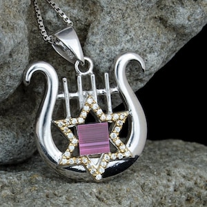 Harp necklace Jewish amulet Gift for music lovers Jewish star necklace and birthstone Jewish harp