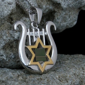 Bible pendant necklace King David for kids Harp jewelry Sterling Silver Harp necklace Harp gift Gold Star pendant