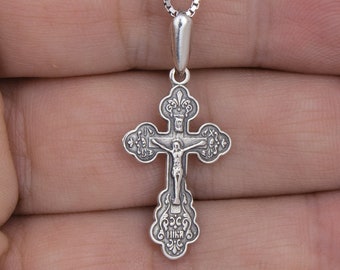 Orthodox cross silver  Silver crucifix necklace Christian cross necklace