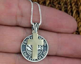 Collar con cruz del árbol de la vida en plata de ley, colgante con cruz de oro y árbol de la vida, collar amuleto de cábala.