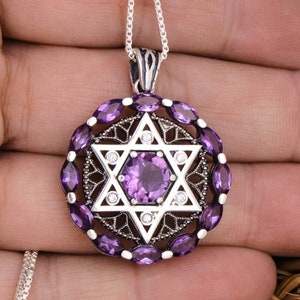 Jewish Star of David Sterling Silver Necklace w/ Amethyst Stone Necklace for Women & Men - Magen David Pendant -Valentines Gift Ø1.06&quot;/2.6cm
