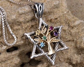 Collar con árbol de la vida y estrella de David. Collar con árbol de la vida, cristal, plata, estrella judía, collar para mujer, joyería judía, estrella de David.