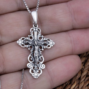 Jesus crucifix necklace Large cross necklace women Orthodox cross silver