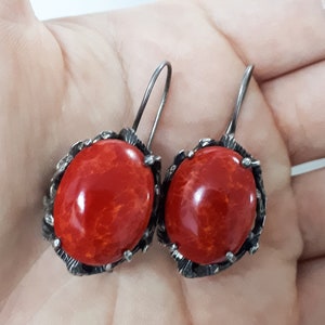 Earrings red coral necklace sterling silver 925 Red coral jewelry sets Gift for women friends birthday Red coral earrings silver