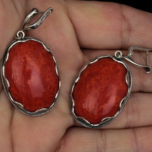 Red coral earrings silver Large stone earrings Red coral jewelry Gift for woman who has everything