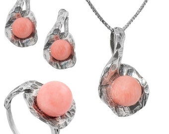 Jewelry set for bride Pink quartz bead necklace Pink quartz earrings Pink quartz ring