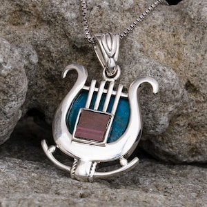 Jewish Harp necklace Eilat stone star of David Jewish star necklace and birthstone Mood necklace for women Harp jewelry