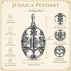 May include: An oval sterling silver Judaica pendant featuring a Star of David, two lions, and tablets with Hebrew text. The pendant measures 24.7 mm in width, 40.6 mm in height, and weighs 4.61 grams. It is marked 925 and made in Israel.