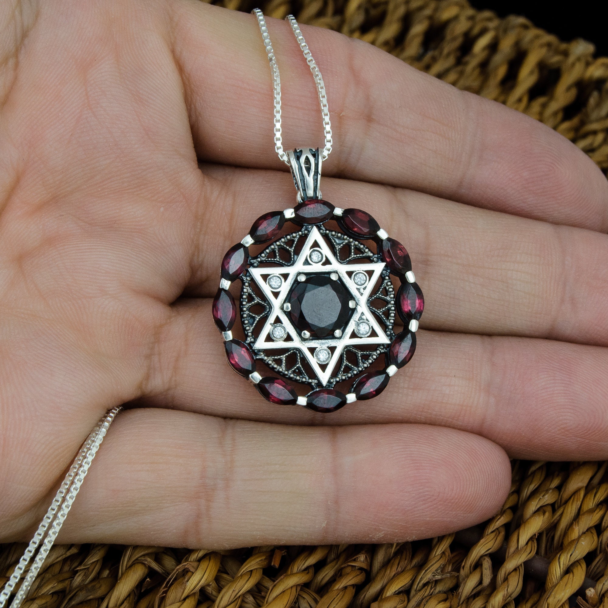 Star of David Necklace Garnet Stone 