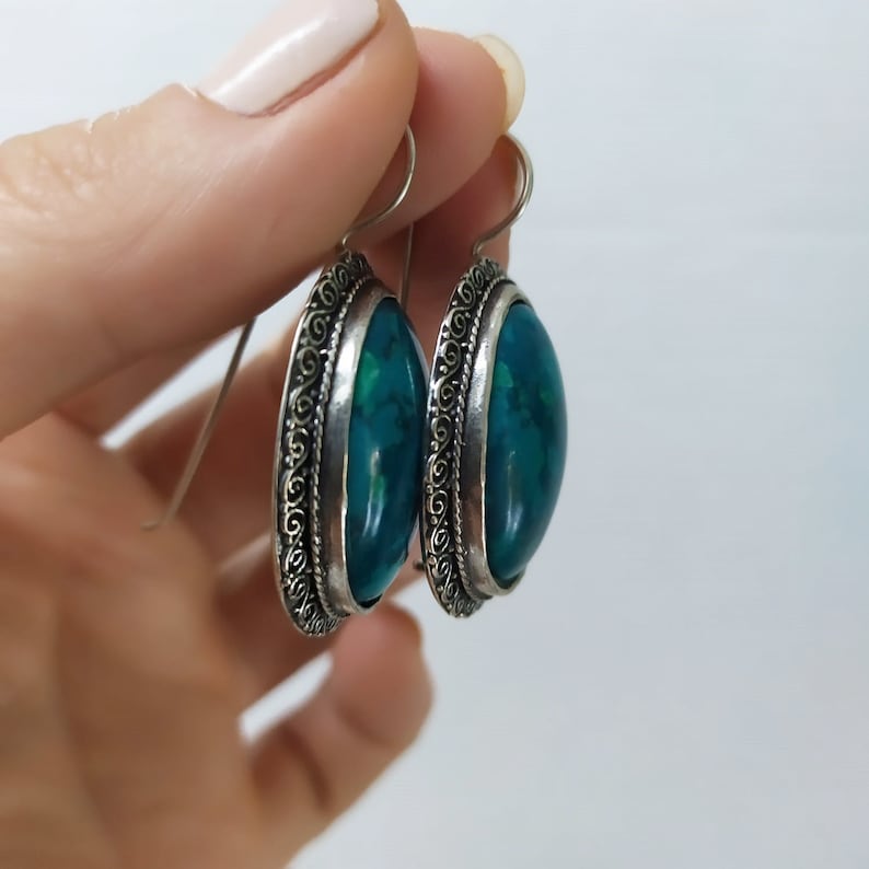 Earrings Vintage style with Eilat stone Self gift jewelry Chrysocolla stone Self gift earring Israeli Talisman king Solomon