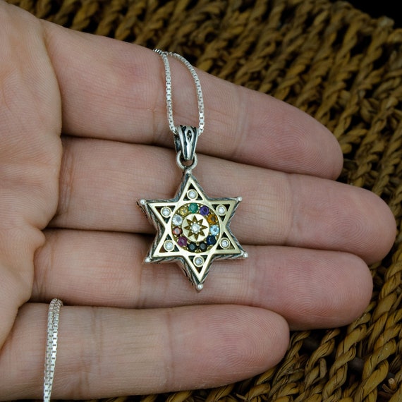 Estrella De David Magen Judaica Collar Colgante Kabbalah Joyas De Oro Con Piedras 