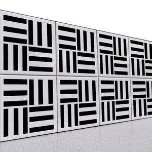 May include: Black and white geometric pattern tile set. The tiles feature a repeating pattern of horizontal and diagonal lines.