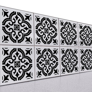 May include: Black and white patterned tile stickers. The stickers feature a repeating geometric design with a floral motif.