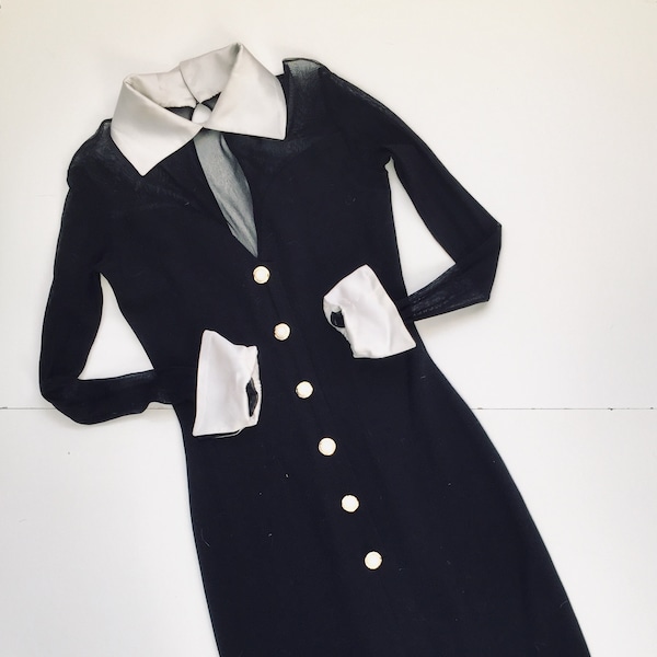 1990s french phenomenal vintage black and white dress with gold details and white collar