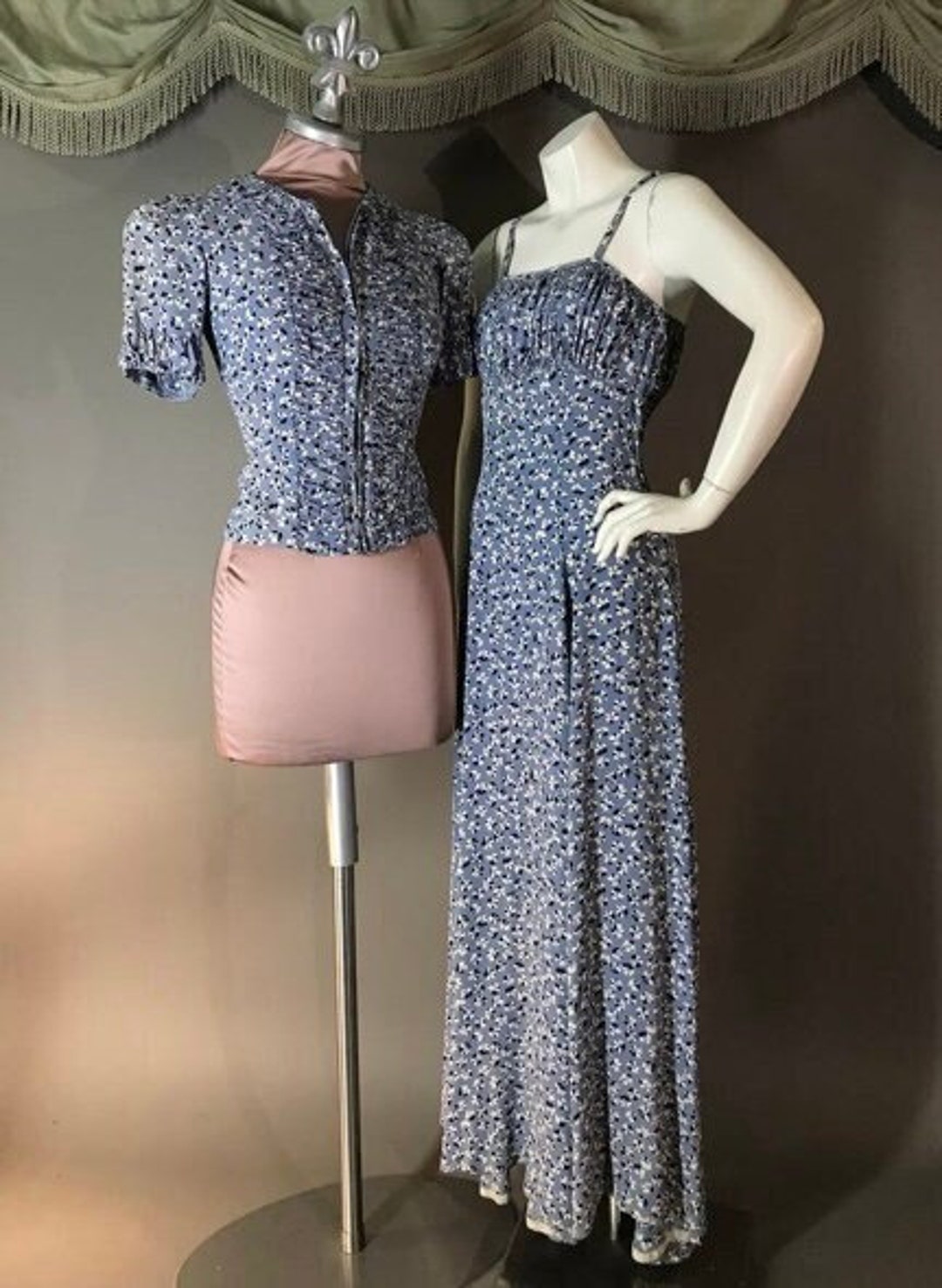1930s Blue Dress with Ruffle Neckline