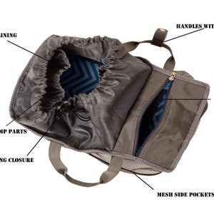 May include: A gray and blue insulated cooler bag with a drawstring closure, zippered cooler, mesh side pockets, and handles with snap closure. The bag has a lining with a geometric pattern.