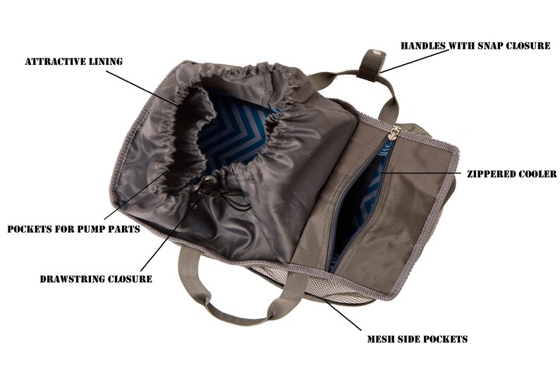 May include: A gray and blue insulated cooler bag with a drawstring closure, zippered cooler, mesh side pockets, and handles with snap closure. The bag has a lining with a geometric pattern.