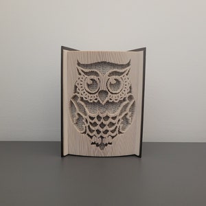 Op de afbeelding: Een boekkunst sculptuur van een uil met ingewikkelde details, gevouwen uit de pagina's van een boek. De uil is bruin en wit en heeft grote, ronde ogen.