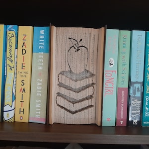 May include: A bookshelf with a variety of books, including "The Choice", "This is Going to Hurt", "Becoming Jo", "White Teeth", and "Fangirl". The book in the center has a book folding art design of an apple with a stem and leaf.