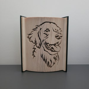 May include: A book with a folded paper design of a golden retriever dog's head. The dog's mouth is open and its tongue is sticking out.