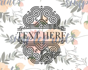 May include: A black and white graphic design of a stylized spiral pattern with the text "TEXT HERE" in the center. The design is surrounded by a floral pattern with pink and peach flowers and green leaves.