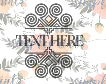 May include: Black and white graphic design of an Adinkra symbol with the text "TEXT HERE" in the center. The design is surrounded by a floral pattern with pink and white flowers.
