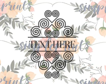May include: A digital design featuring a floral pattern with a black and white graphic of a stylized heart with swirls. The text "TEXT HERE" is in the center of the graphic. The words "simpleprints" and "PNG JPG" are at the bottom of the design.