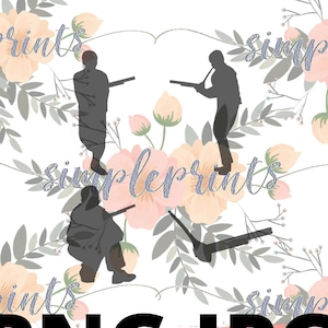 May include: Silhouettes of three people holding rifles, set against a background of pink and green floral patterns. The text "simpleprints" appears twice in the image, once in blue and once in gray.