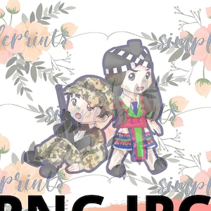 Design Hmong, Hmong Digital, Impressão Hmong, Casal Hmong "Arrastar" - Garota Hmong irritada arrastando menino caçador Hmong