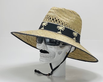 Palm Tree A. Straw Hat, well ventilated, black with palm tree bandana with matching edge and chin strap, great for any outdoor activity.