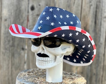 Chapeau De Cowboy Patriotique En Paille - Drapeau Américain Et Médailles - Neuf Avec Étiquettes