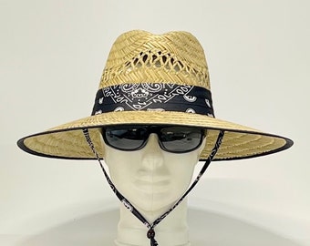 Black Bandana Straw Hat, Well Ventilated, Colorful Bandana