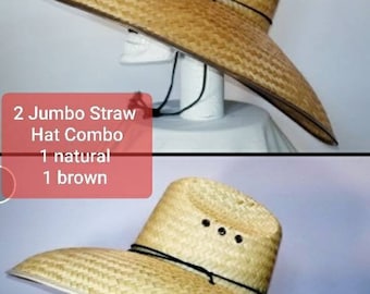 Save! 2 Jumbo Straw Hats, 1 nat. & 1 brown color, Maximum Sun Coverage Handwoven! SAVE ON SHIPPING! 2 hats one Box, brim 7" in. Size 60 cm